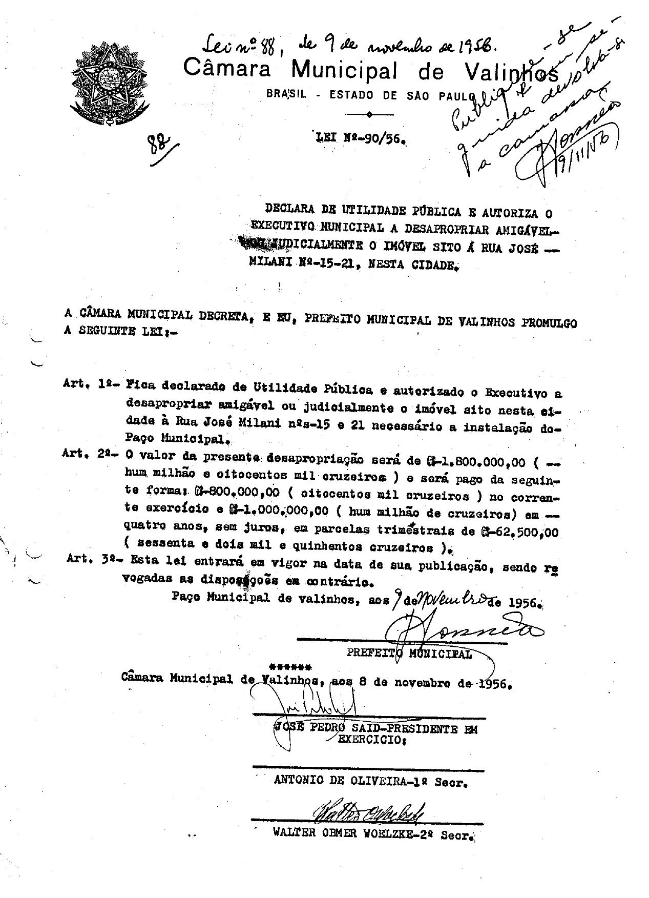 Lei nº 90/56 de 8 de novembro de 1956. Fonte: Prefeitura Municipal de Valinhos.