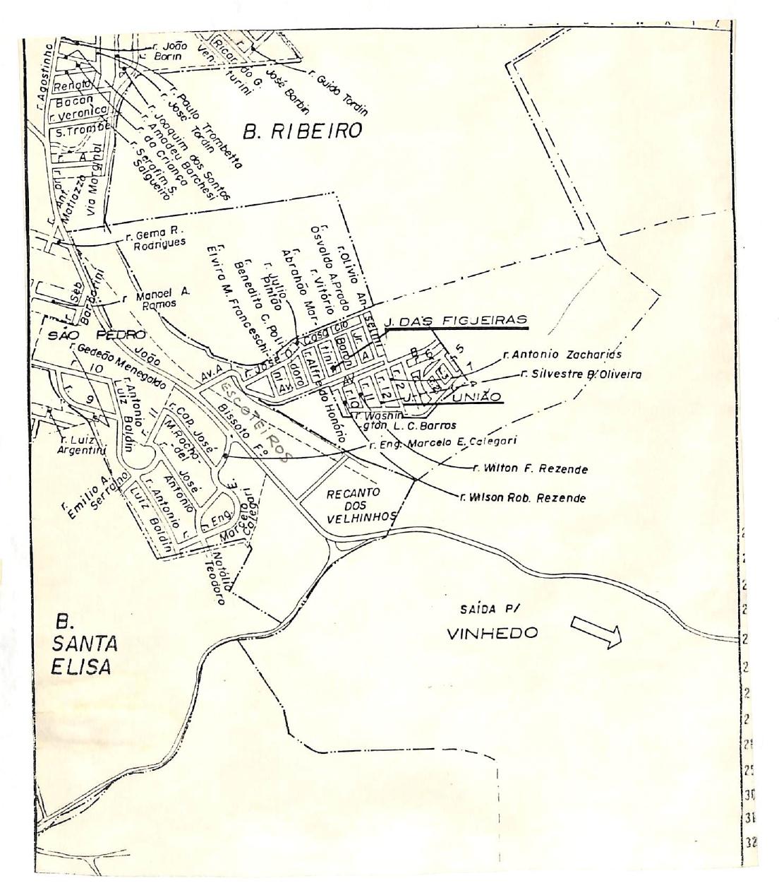 Mapa antigo de Valinhos que mostra a região do antigo bairro Ribeiro [24].