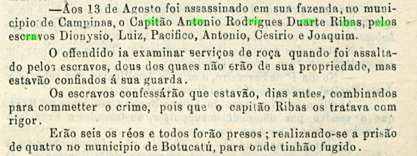 Relato do assassinato do Capitão Antonio Rodrigues Duarte Ribas [20].