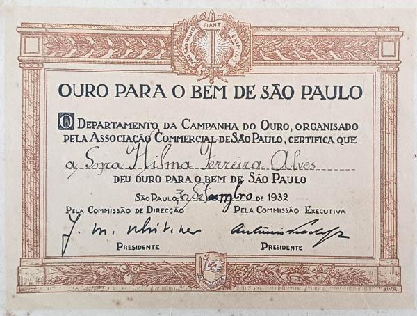Certificado “Ouro Para o Bem de São” de Hilma Ferreira Alves [5].