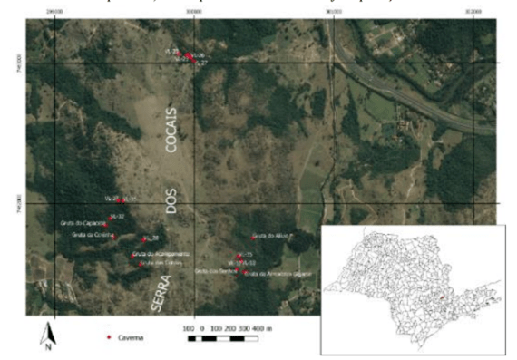 Fig.1 - Distribuição geográfica das cavidades encontradas e a localização do município de Valinhos no Estado de São Paulo.