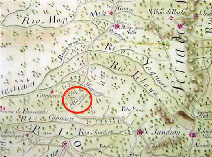 Localização do Pouso de Pinheiro, em Valinhos (círculo em vermelho). Carta de parte da Diocese Paulopolitana. (1774?). Detalhes. Bico de pena sobre papel. Coleção Pirajá da Silva. Acervo da Mapoteca da biblioteca Mário de Andrade. Fonte: ROSSETTO, 2006. Adaptação do pesquisador