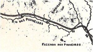 Recorte de antigo mapa que pertenceu a Cia. Paulista de Estradas de Ferro. Ao centro, o Rio dos Pinheiros e o traçado da linha férrea. A linha férrea possui a mesma trajetória após 148 anos de sua implantação. (DEBES, 1968)