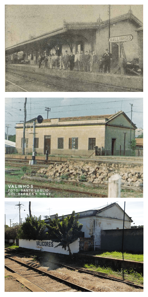 Fotos da Primitiva estação em 3 momentos (de cima para baixo): Ainda em funcionamento em 1908, na década de 1980 já transformada em residência de ferroviários e estado atual. 