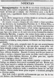 Reprodução do jornal “A Gazeta de Campinas” de 04 de Abril de 1872 noticiando a inauguração do tráfego ferroviário em Valinhos. (Ocorrida em 31 de Março de 1872)