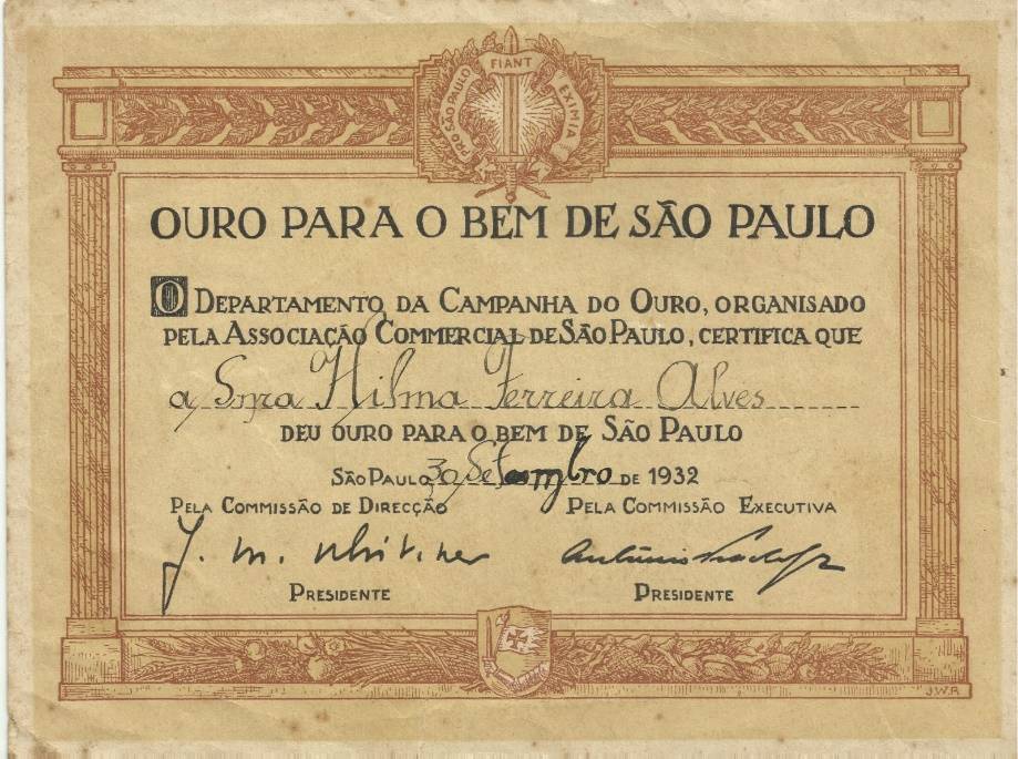 Certificado de Ouro para o bem de São Paulo da proprietária da Fazenda Santa Thereza da Serra, Hilma Ferreira Alves4. Acervo Ulisses do Porto Salvador [3].